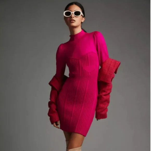 Anthropologie Pink Turtleneck Fitted Sweater Dress XS - Picture 1 of 14